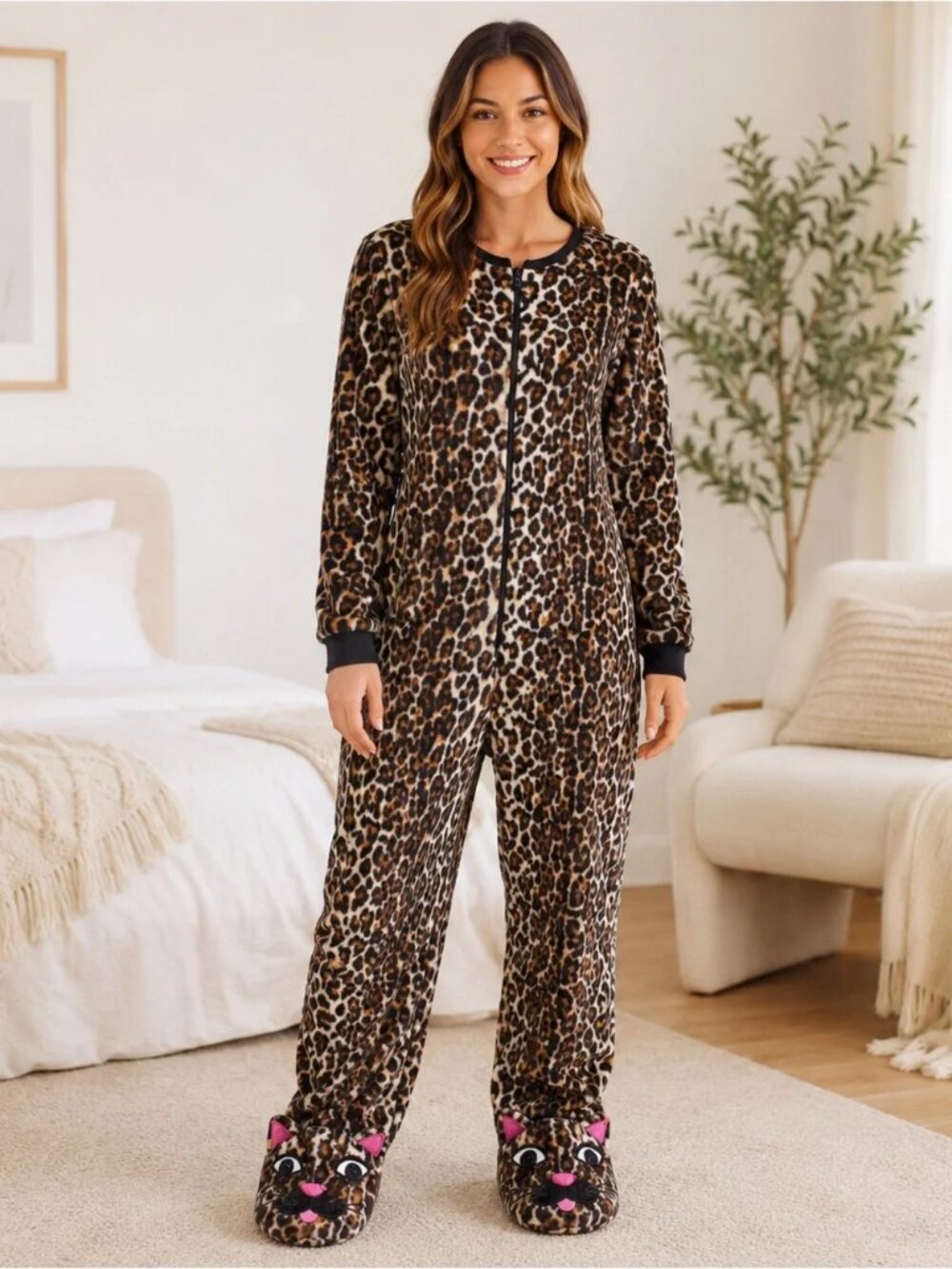Nick & Nora Leopard Print Fleece Footed Pajama One Piece Womens M